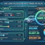 Car Loan Calculator With Trade-In Value — Calculate monthly car payments after down payment and trade-in value using multiple currencies.