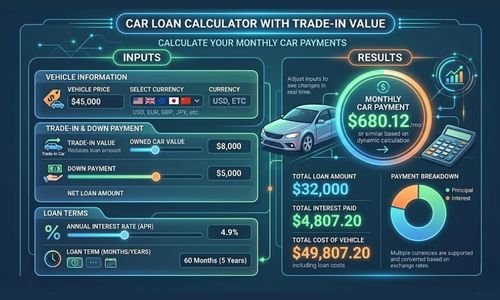 Car Loan Calculator With Trade-In Value — Calculate monthly car payments after down payment and trade-in value using multiple currencies.