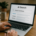 AI Search results showing brand mentions on a laptop as someone tracks mentions across ChatGPT, Gemini, Perplexity, and Copilot for healthcare brands.