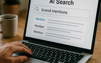 AI Search results showing brand mentions on a laptop as someone tracks mentions across ChatGPT, Gemini, Perplexity, and Copilot for healthcare brands.