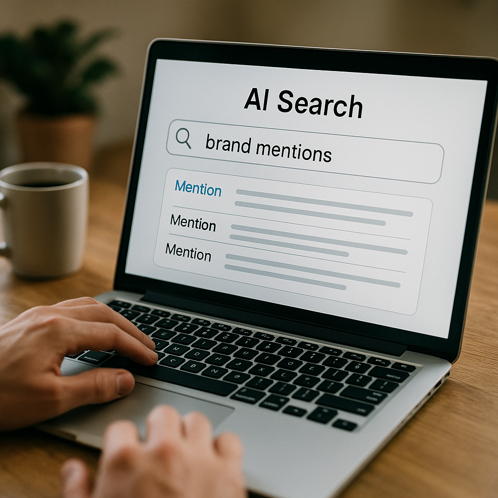 AI Search results showing brand mentions on a laptop as someone tracks mentions across ChatGPT, Gemini, Perplexity, and Copilot for healthcare brands.