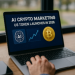AI Crypto Marketing for US Token Launches in 2026 appears on a laptop screen beside an AI icon, growth chart, and Bitcoin coin graphic.