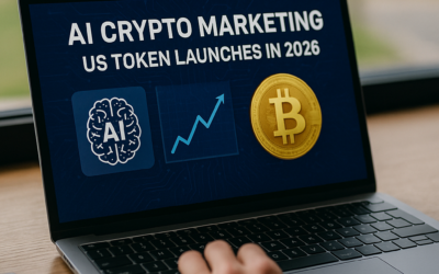 AI Crypto Marketing for US Token Launches in 2026 appears on a laptop screen beside an AI icon, growth chart, and Bitcoin coin graphic.