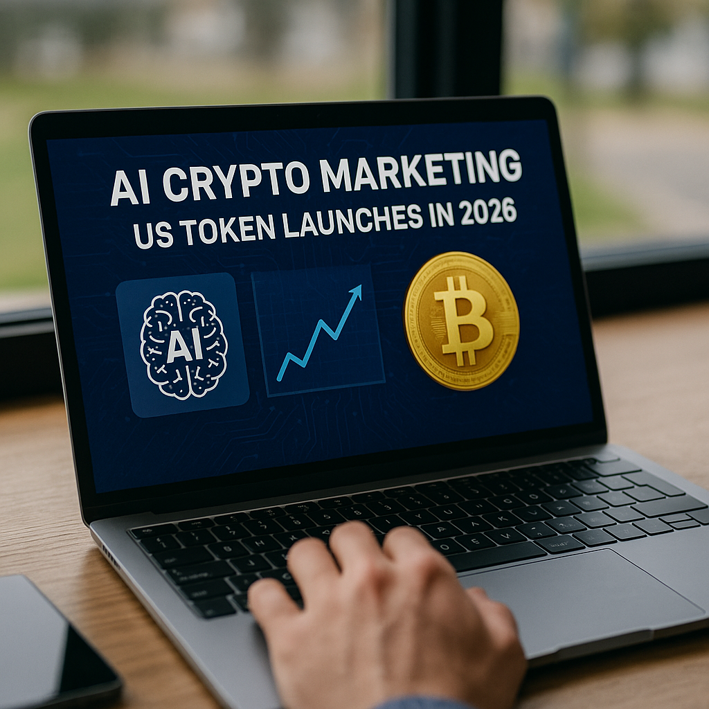 AI Crypto Marketing for US Token Launches in 2026 appears on a laptop screen beside an AI icon, growth chart, and Bitcoin coin graphic.