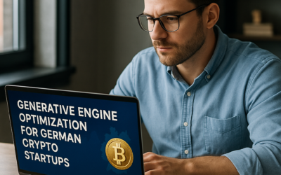 Man working at a laptop with the text Generative Engine Optimization for German Crypto Startups and a gold Bitcoin symbol on screen, blue background.