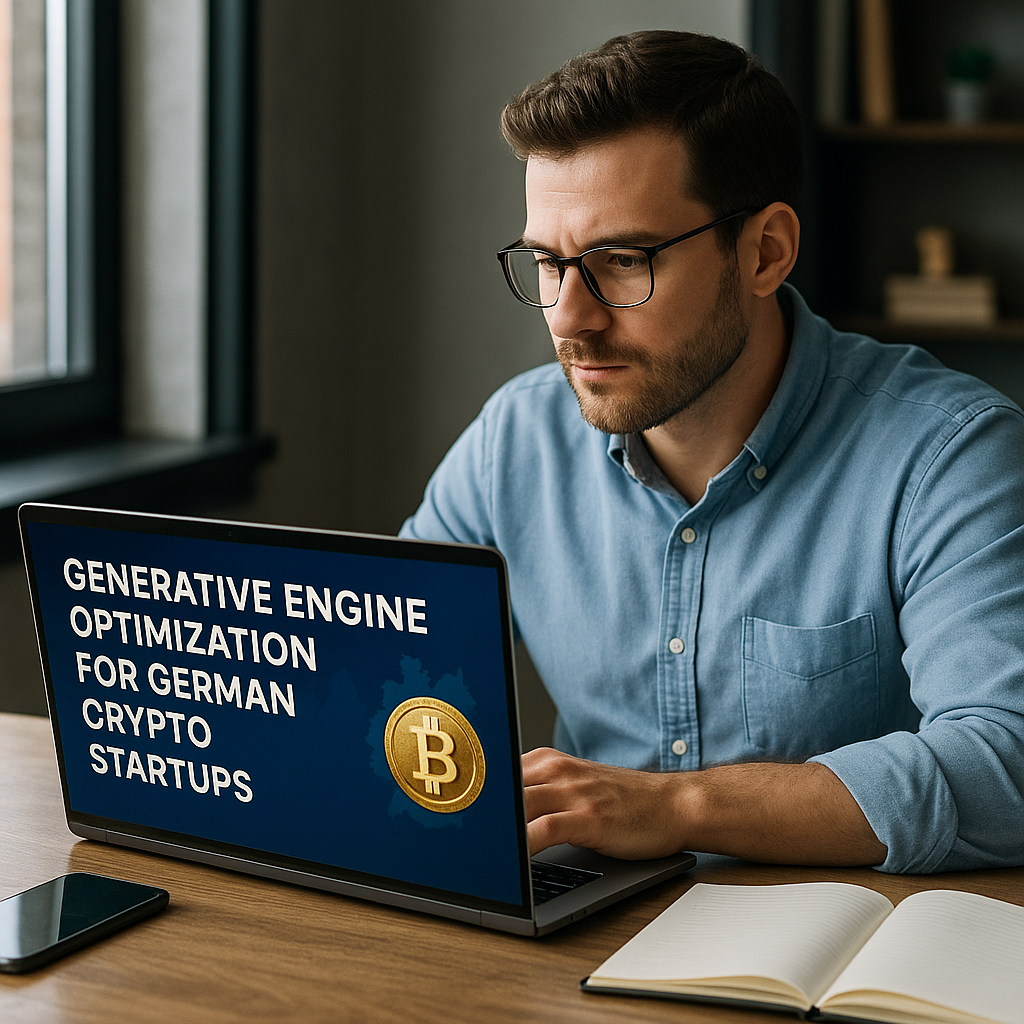Man working at a laptop with the text Generative Engine Optimization for German Crypto Startups and a gold Bitcoin symbol on screen, blue background.