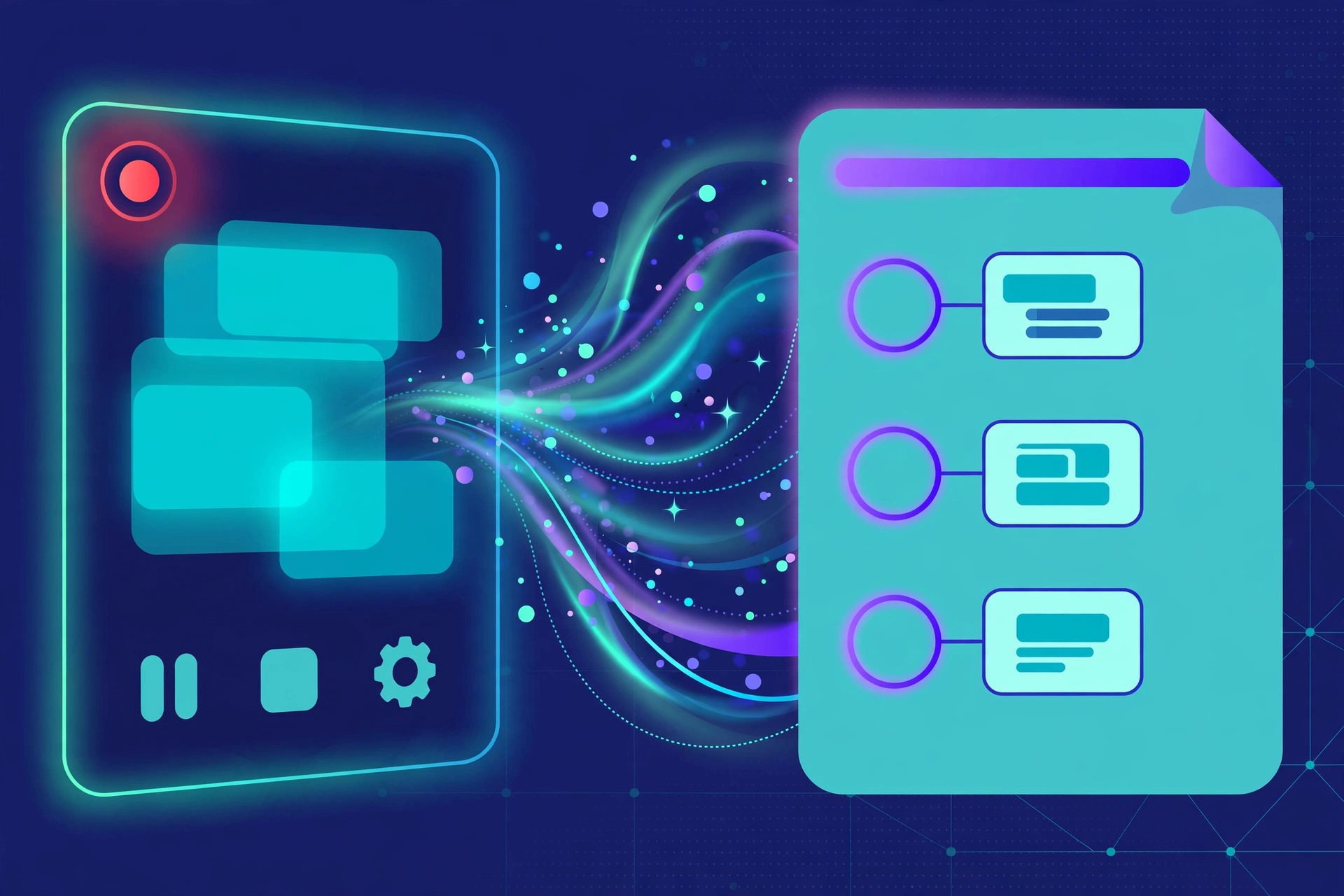 Illustration showing an AI transforming a screen recording into a numbered how-to guide document