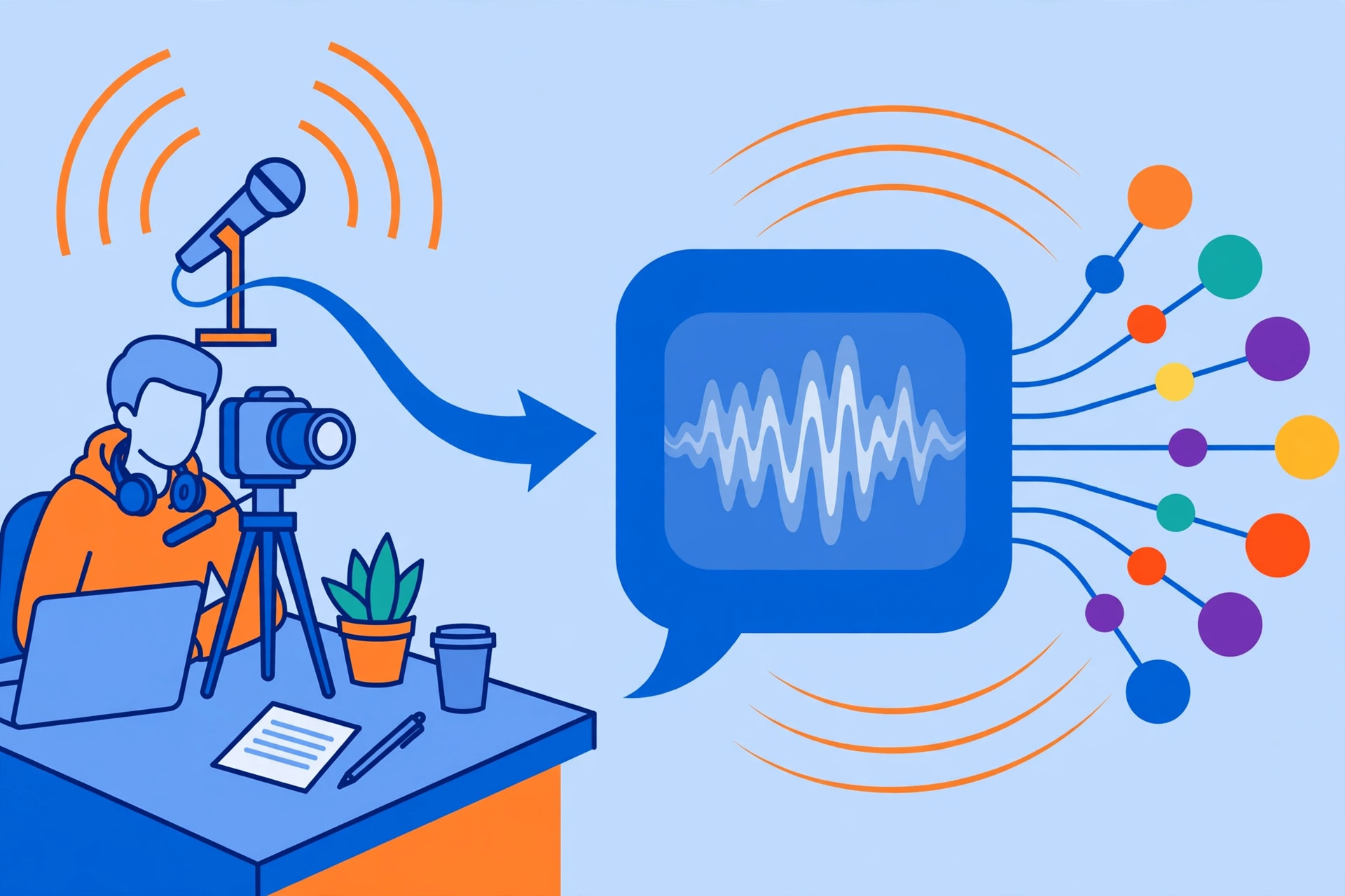 Vozo AI dubbing workflow illustration — a video timeline being translated and lip-synced into multiple languages